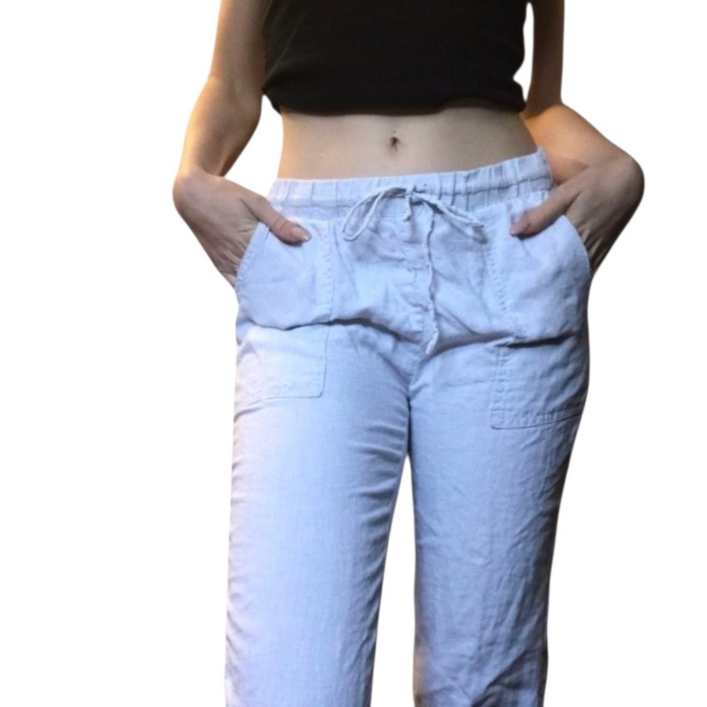 Kenar Linen Pants Striped Drawstring Casual Lightweight Blue Size S